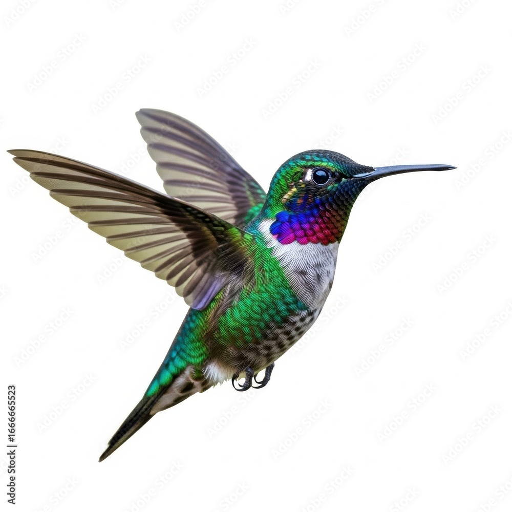 Fototapeta premium Brightly colored hummingbird hovering in flight isolated on white background