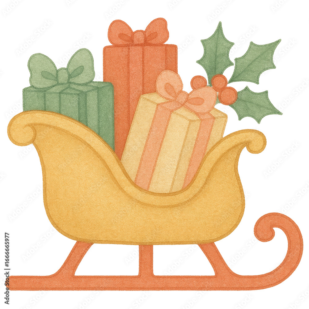 Naklejka premium Festive Sleigh Filled with Colorful Gifts and Holly Leaves Decoration