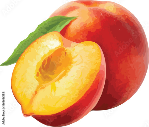 Juicy Peach Half and Whole Peach with Green Leaf peaches