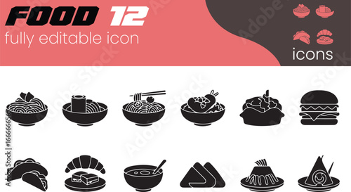 Black and white food icons for restaurant or menu design featuring pasta ramen tacos burger and more vector illustration of various delicious dishes