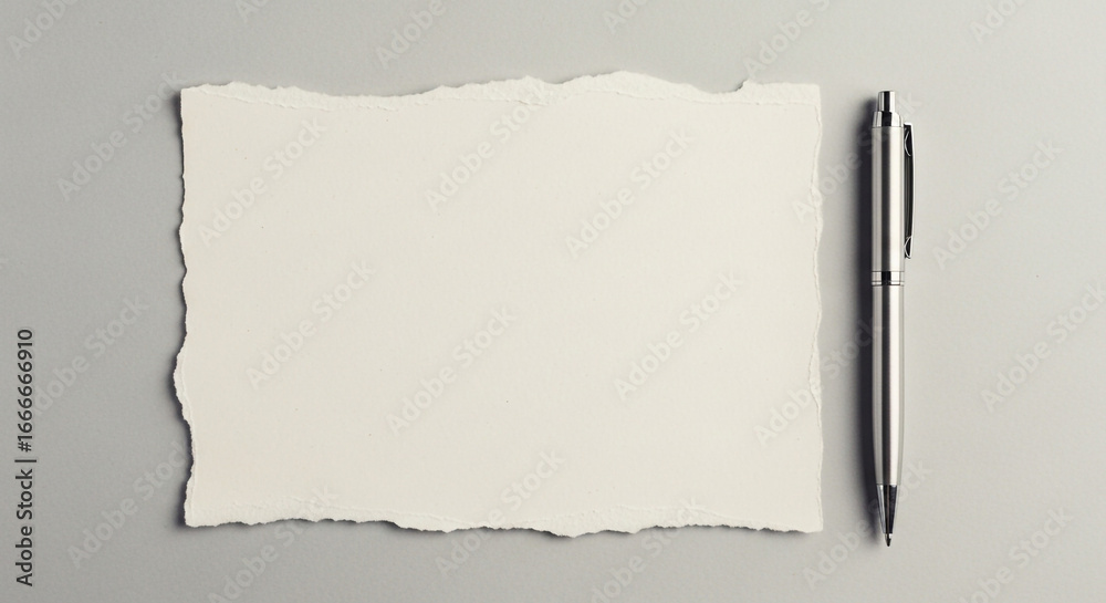 Obraz premium Elegant silver pen rests beside torn textured paper on a clean, minimalist grey background, perfect for creative projects and writing.
