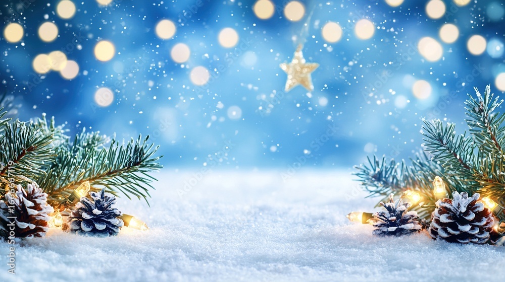 Obraz premium christmas background with snow, pine branches, and lights. christmas card design on a blue bokeh light backdrop. winter holiday concept banner, winter holiday concept