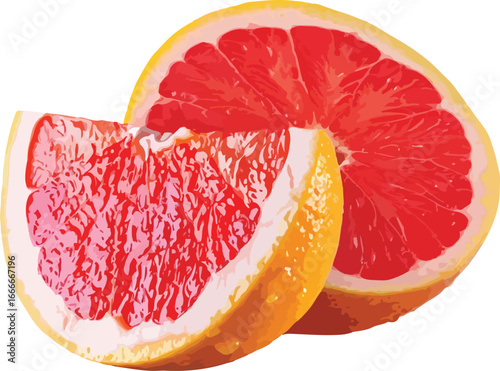 Red Grapefruit Halves and Slice Vibrant Citrus Fruit Illustration