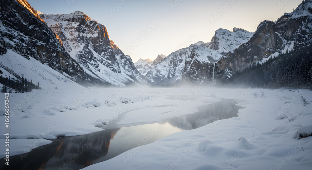 Obraz premium Misty snow-covered valley between mountain peaks 