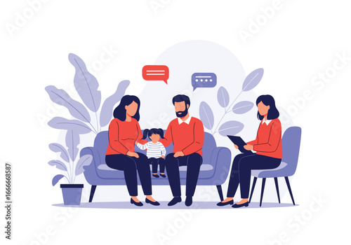 Family therapy session with a child and parents discussing issues with a professional therapist
