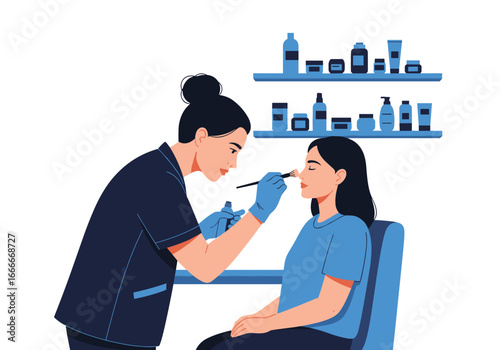 Expert applying makeup to a client in a beauty salon with shelves of products