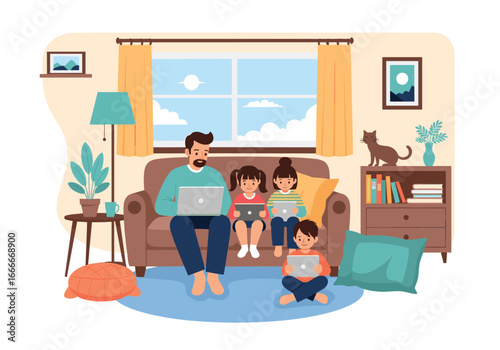 Family studying together online in living room during pandemic lockdown togetherness