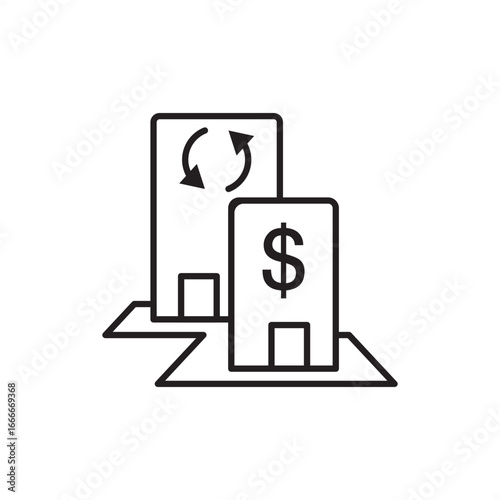 Vector icon of stock exchange with financial buildings, dollar sign, and trade arrows, representing equity market, securities trading, investment platform, capital market, brokers, and global finance.