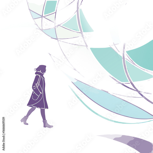 Abstract visualization of a digital mesh made of flowing dotted curves. Color scheme blends turquoise, lilac, and baby blue tones. Transparent background, panoramic layout. Flat perspective with a sen