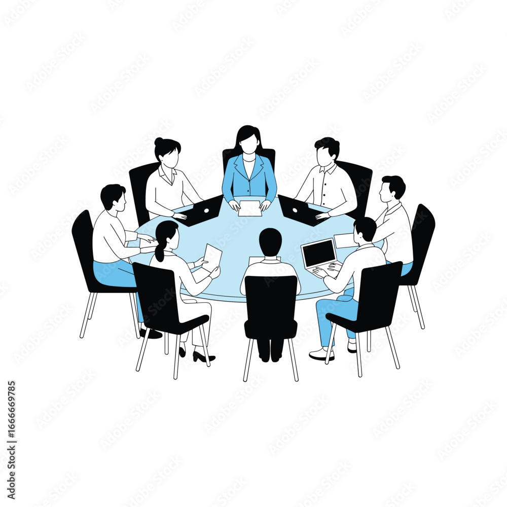 Fototapeta premium Team collaboration meeting around a circular table discussing ideas in a business office setting