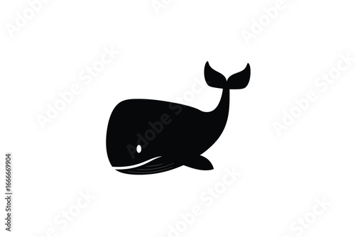 A black silhouette of a whale swimming in a simple style