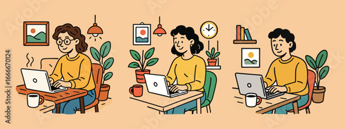 Women working on laptops in cozy home office illustration.