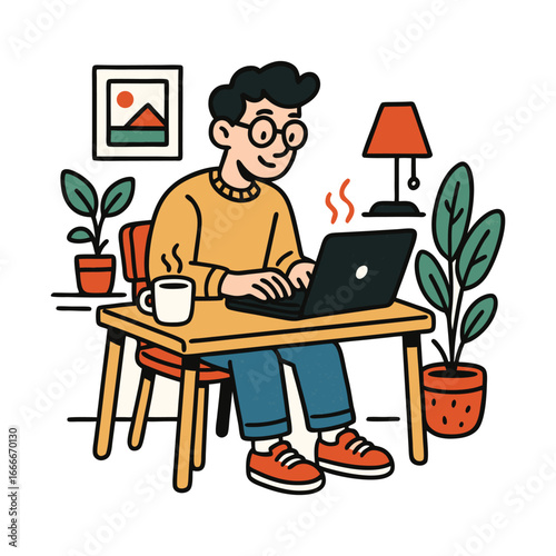 Smiling man working on laptop at home desk with coffee, plants, and cozy workspace illustration.