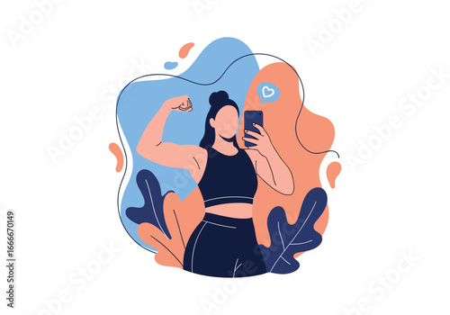 Woman taking a mirror selfie showing off her bicep flex after intense workout session
