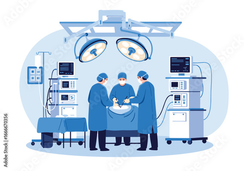 Surgical team conducting a medical procedure under bright operating room lights