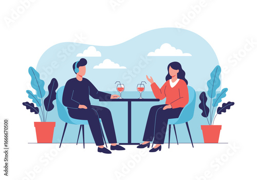 Couple enjoying romantic evening drinks together outdoors surrounded by lush greenery and blue sky