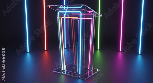 Striking clear podium illuminated by vibrant neon lights on a dark stage, perfect for modern presentations and events