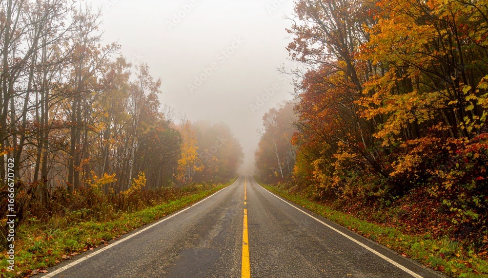 Fototapeta premium Misty Autumn Road Through Colorful Forest