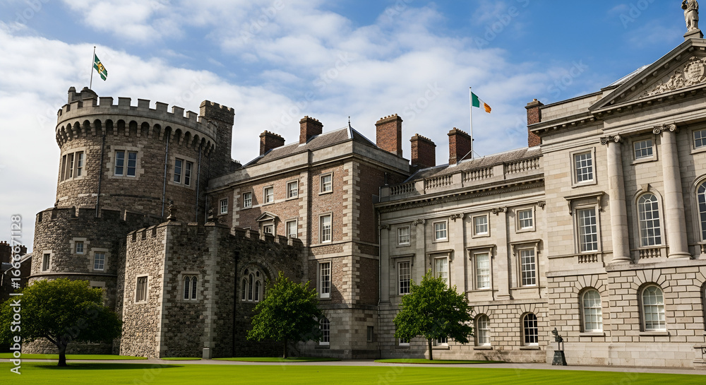 Fototapeta premium Dublin castle with Irish flag flying on a sunny day