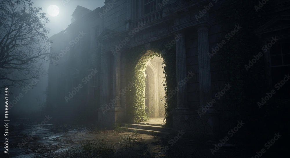 Obraz premium Mysterious abandoned mansion bathed in moonlight, overgrown with vines, evoking gothic horror and suspenseful atmosphere.