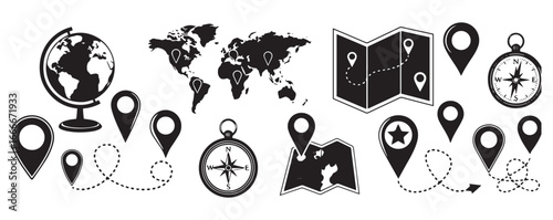 Collection of travel and navigation icons including a globe world map compasses and location pins isolated on transparent background