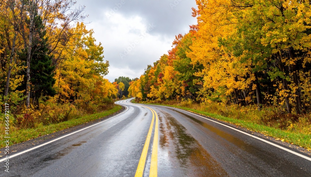 Fototapeta premium Scenic Autumn Road: Winding Asphalt Path Through Golden Forest