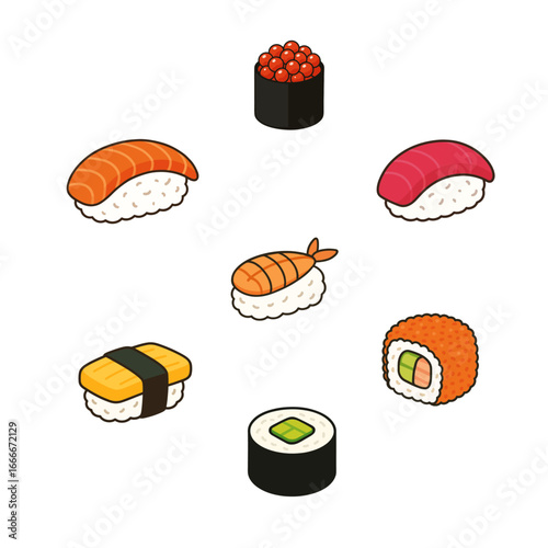 Illustration of Various Types of Japanese Sushi