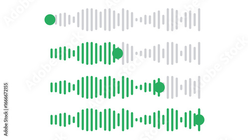 Set of four green audio waveform progress bars showing playback status. Sound wave visualization for music player or voice recorder app UI element. Graphic illustration with transparent background.
