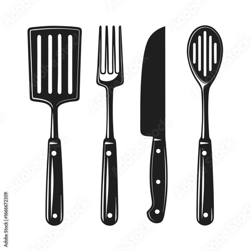 Black silhouette of kitchen utensils spatula fork knife slotted spoon on white background cooking