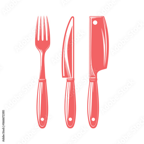 Coral colored fork knife and cleaver graphic illustration cutlery utensil vector