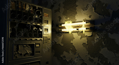 Abandoned vending machine and broken lights in a dark, decaying room creates a sense of mystery