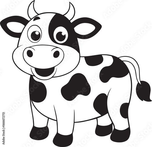 Cute cartoon cow with black and white spots isolated on white background