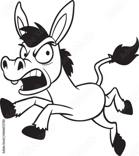 Angry cartoon donkey running isolated on white background