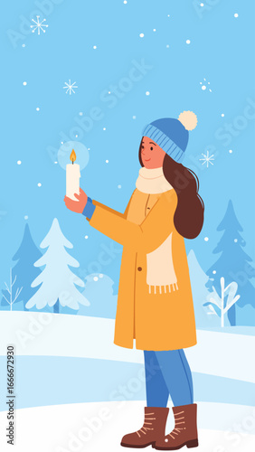A young woman in winter attire holds a lit candle, standing amidst snowfall.