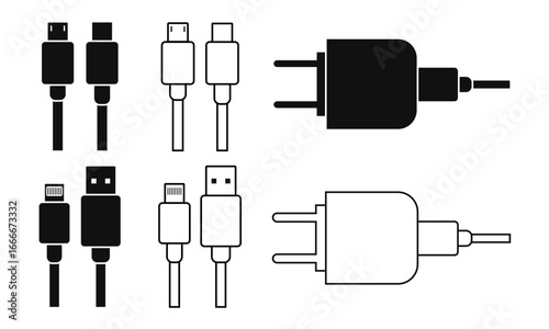 Vector USB charging cable and adapter, smartphone battery charger cable, battery charger plug.