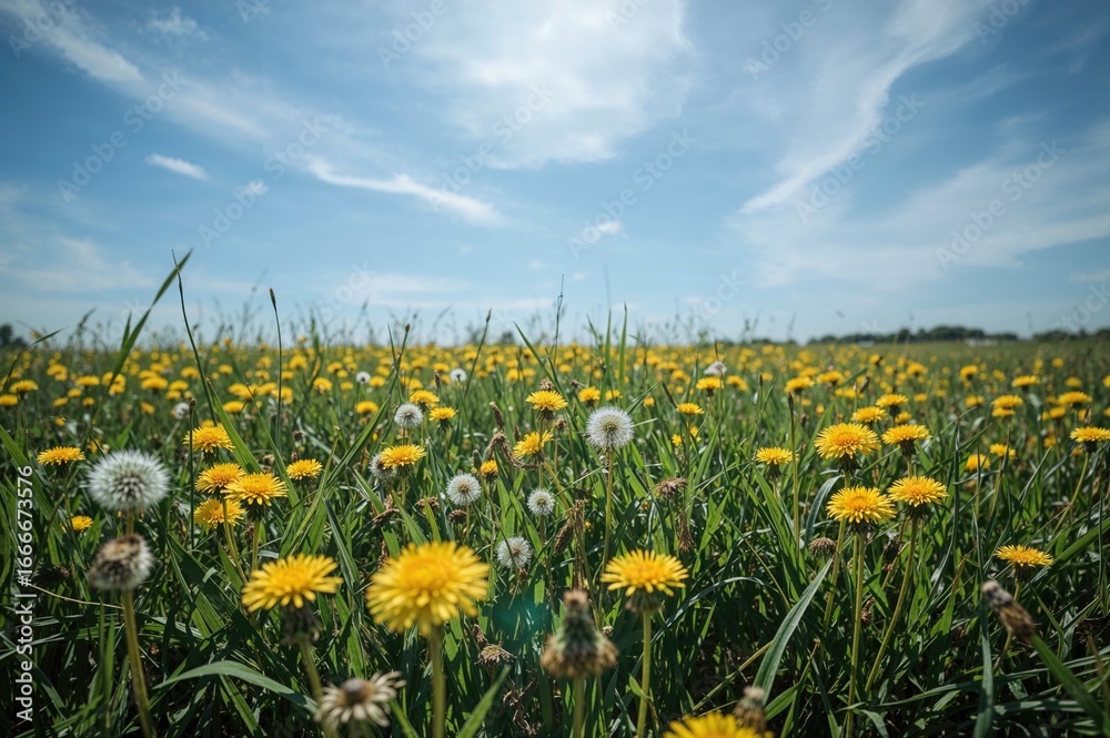 Fototapeta premium Vibrant yellow dandelions blooming in a lush green field under clear sunshine