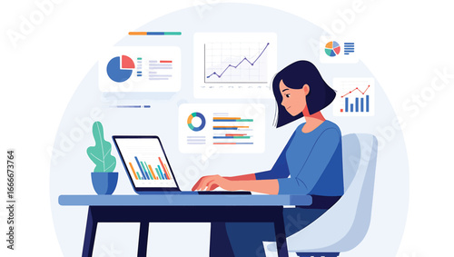 Woman working on laptop with data analytics charts and graphs on screen