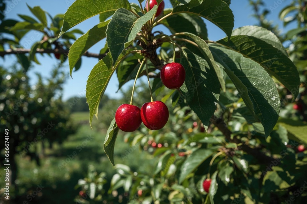 Obraz premium Vibrant red cherries hang from lush green foliage in a thriving orchard, displaying a plentiful harvest.