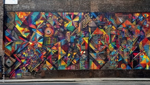 Kaleidoscopic Geometry: A Vibrant, Complex Abstract Mural Dominating an Urban Brick Wall