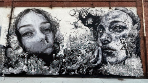 Striking Black and White Mural: Two Faces, Surreal Imagery, Brick Wall Backdrop