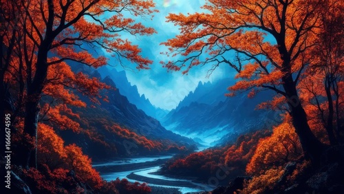 Vibrant Autumn River Valley: Fiery Orange Trees Frame Misty Blue Mountains and Winding Stream