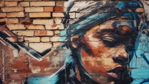 Urban Canvas: Expressive Graffiti Portrait on Weathered Brick Wall