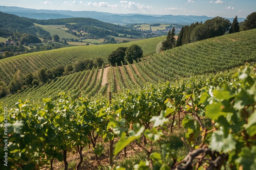 Naklejka premium Vineyard-covered slopes in a renowned wine-producing area
