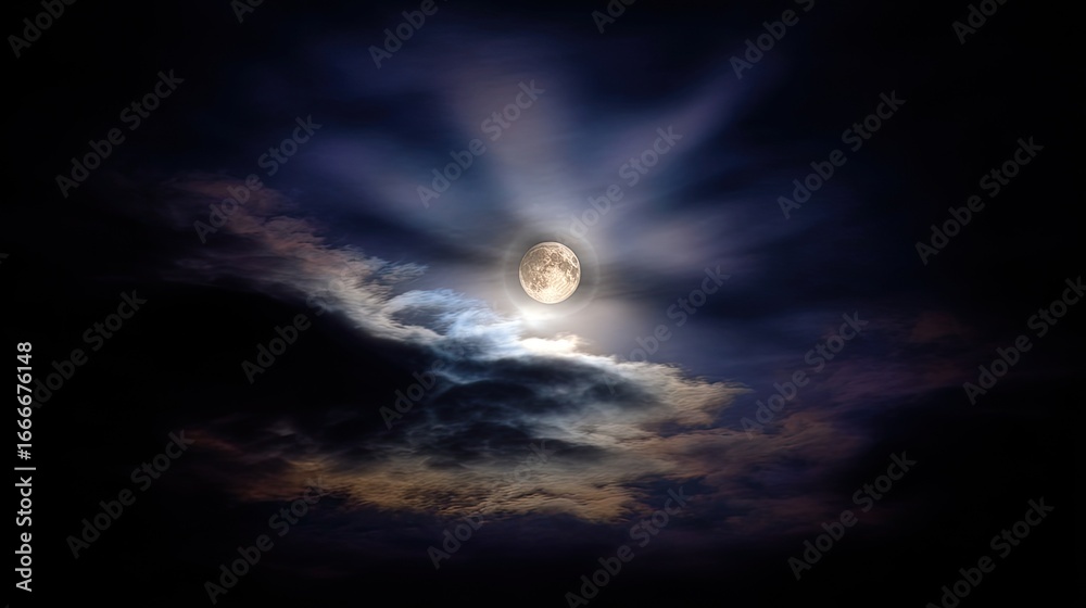 Obraz premium Full moon shining through dark clouds.