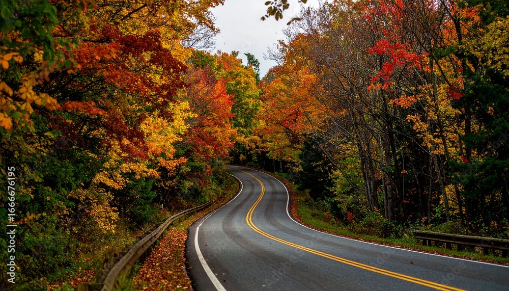 Naklejka premium Winding Autumn Road Through Vibrant Fall Foliage