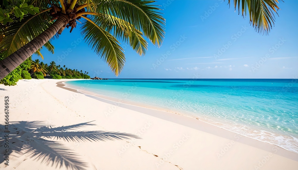 Naklejka premium Tropical Beach Paradise with Palm Trees and Turquoise Water.