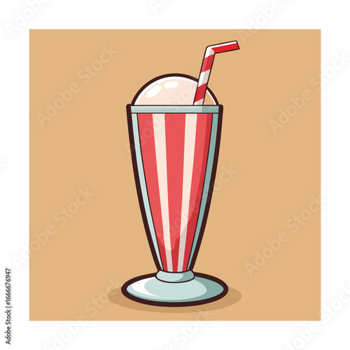 Classic milkshake in a striped glass with straw drink