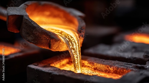 A close-up shot captures molten gold pouring into a mold during the casting process.