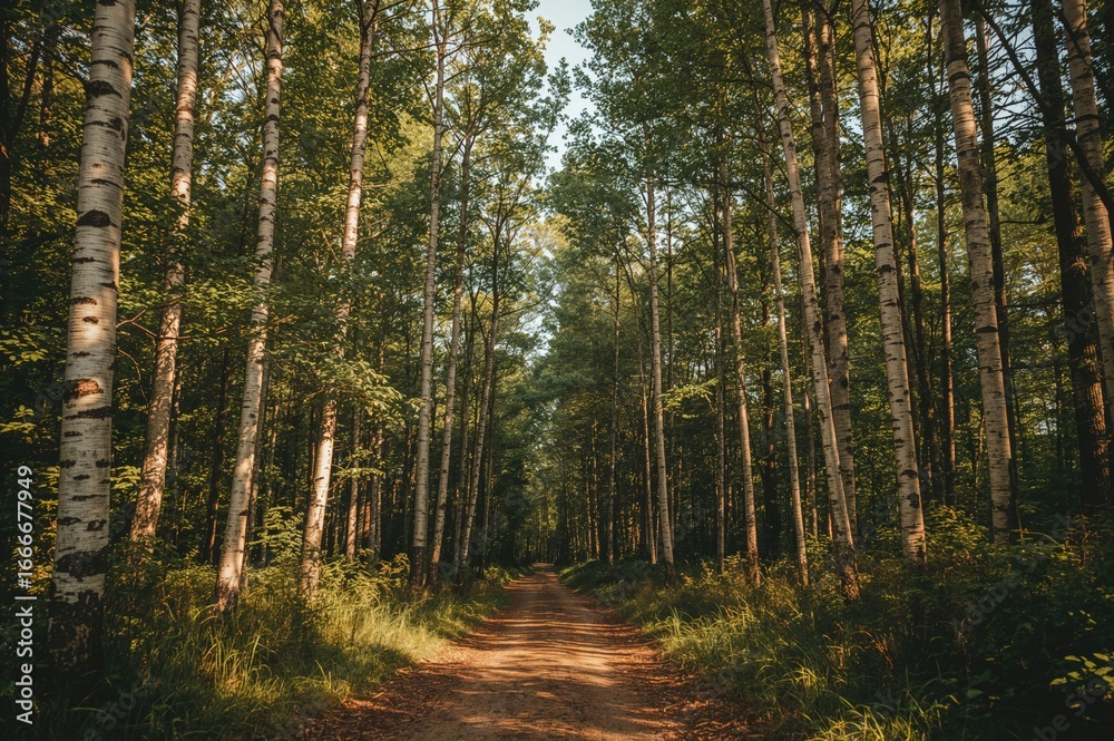 Fototapeta premium Texture of birch wood in a natural woodland setting, featuring trees and greenery