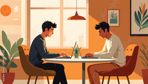 Flat vector illustration of two male colleagues working on laptops in a modern, sunlit coworking office